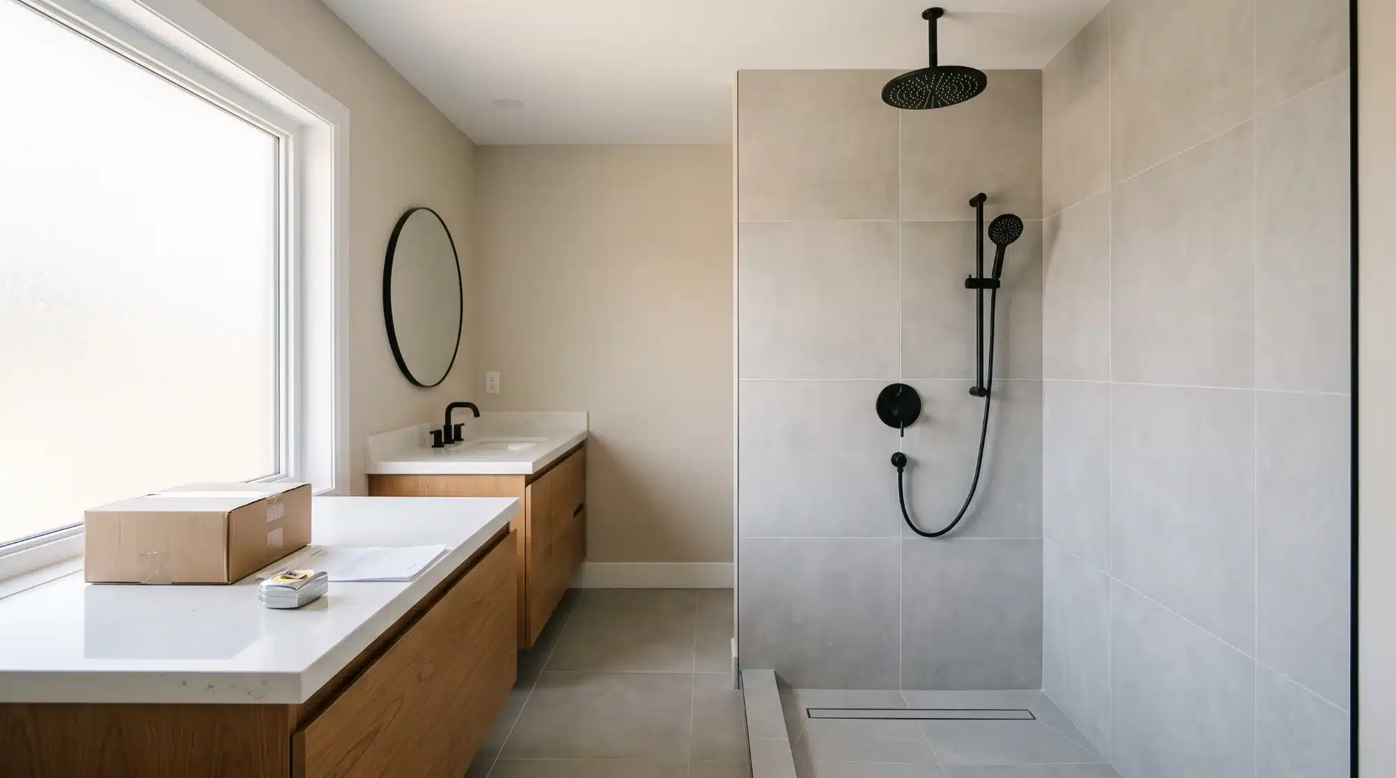 Modern bathroom renovation with a tiled walk-in shower, matte black rain shower head, hand shower and linear drain