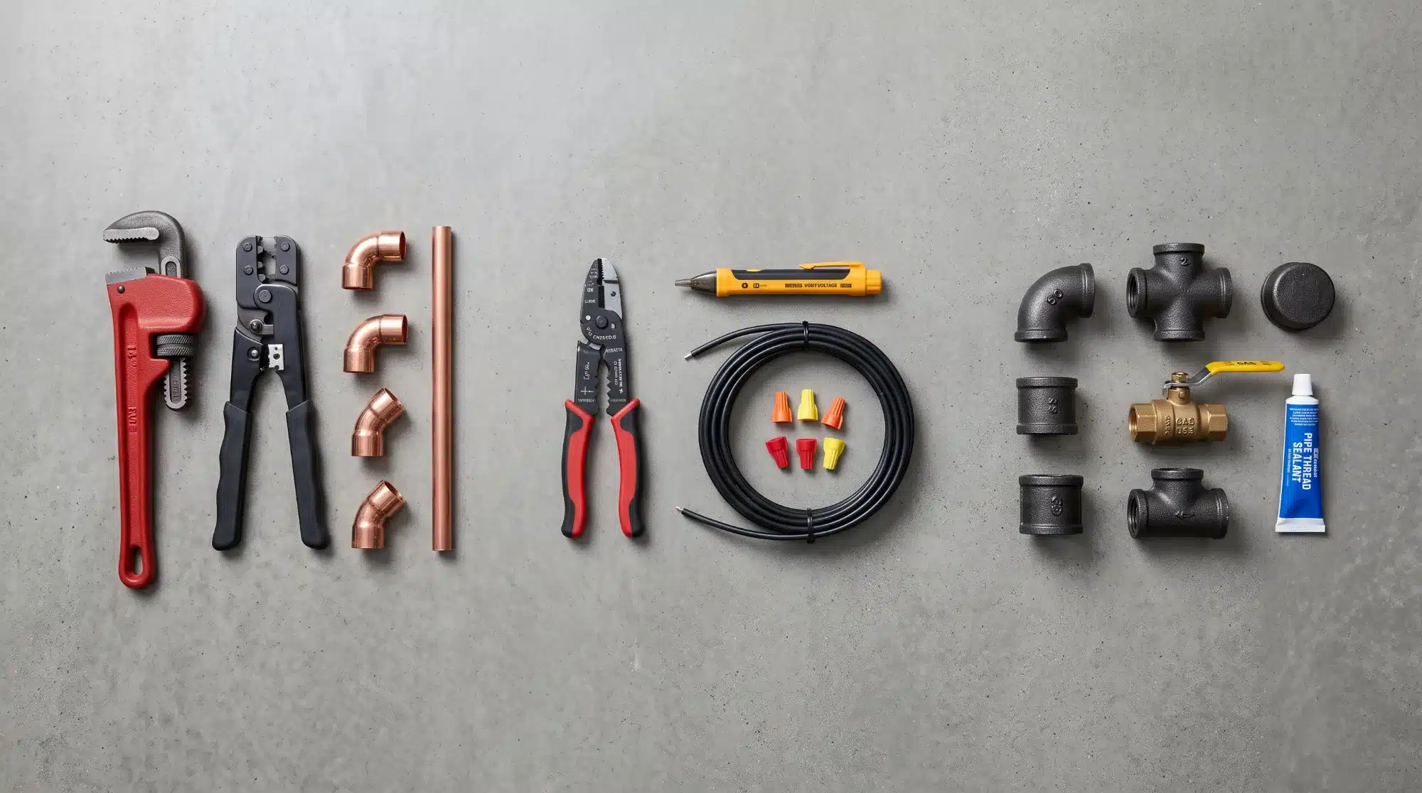 Plumbing, electrical and gas fitting tools laid out as three separate groups on a concrete floor
